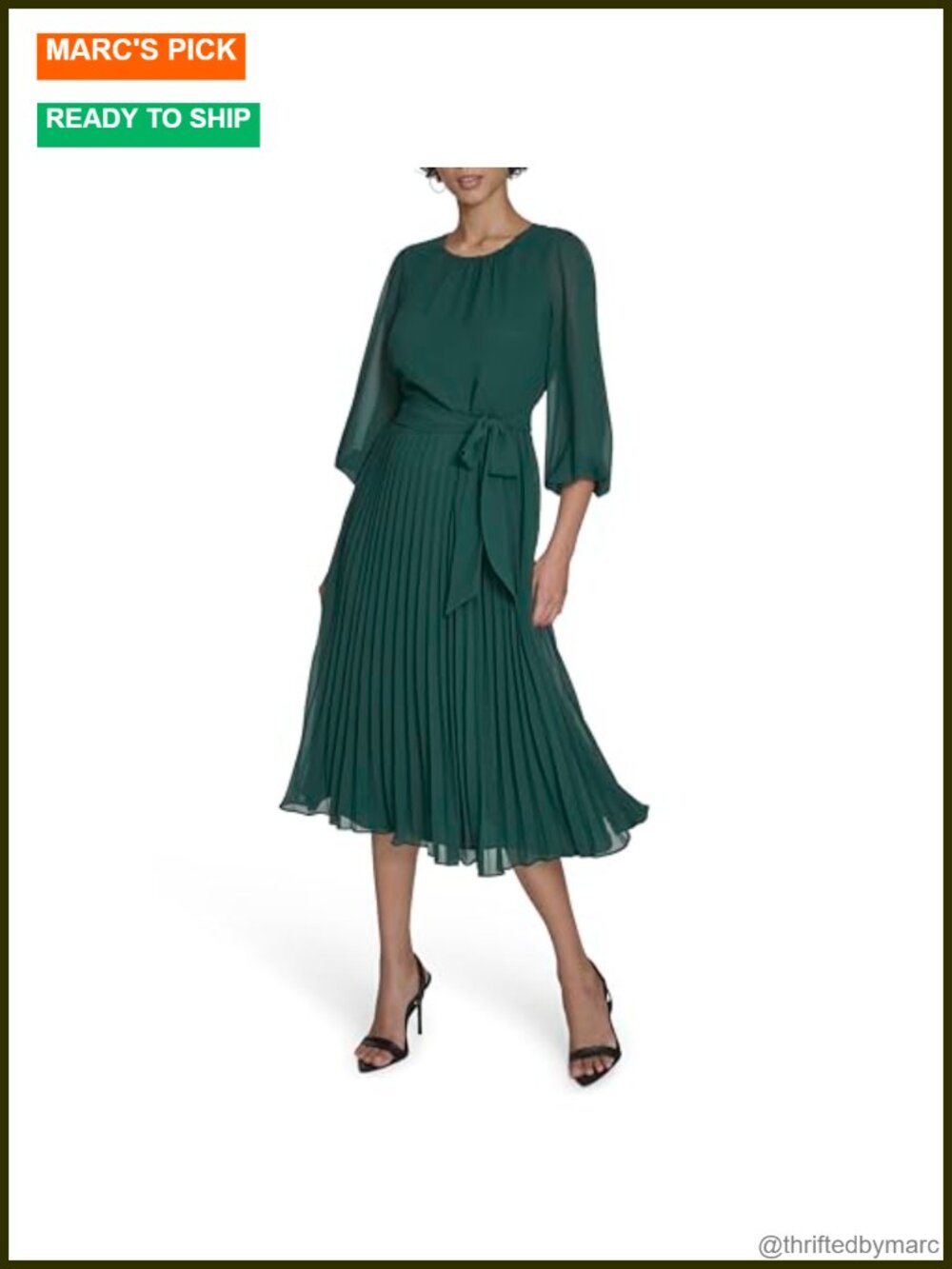 Chiffon Pleated Midi Dress 3/4 Sleeve Jewel Neck Belted
